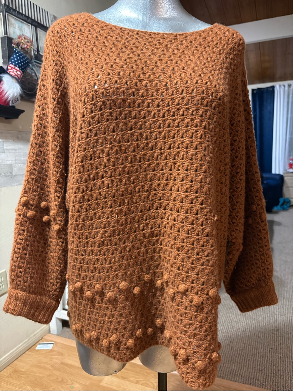 Garnet Hill Textured Pom-Pom Scoop Neck Sweater - Burnt Orange